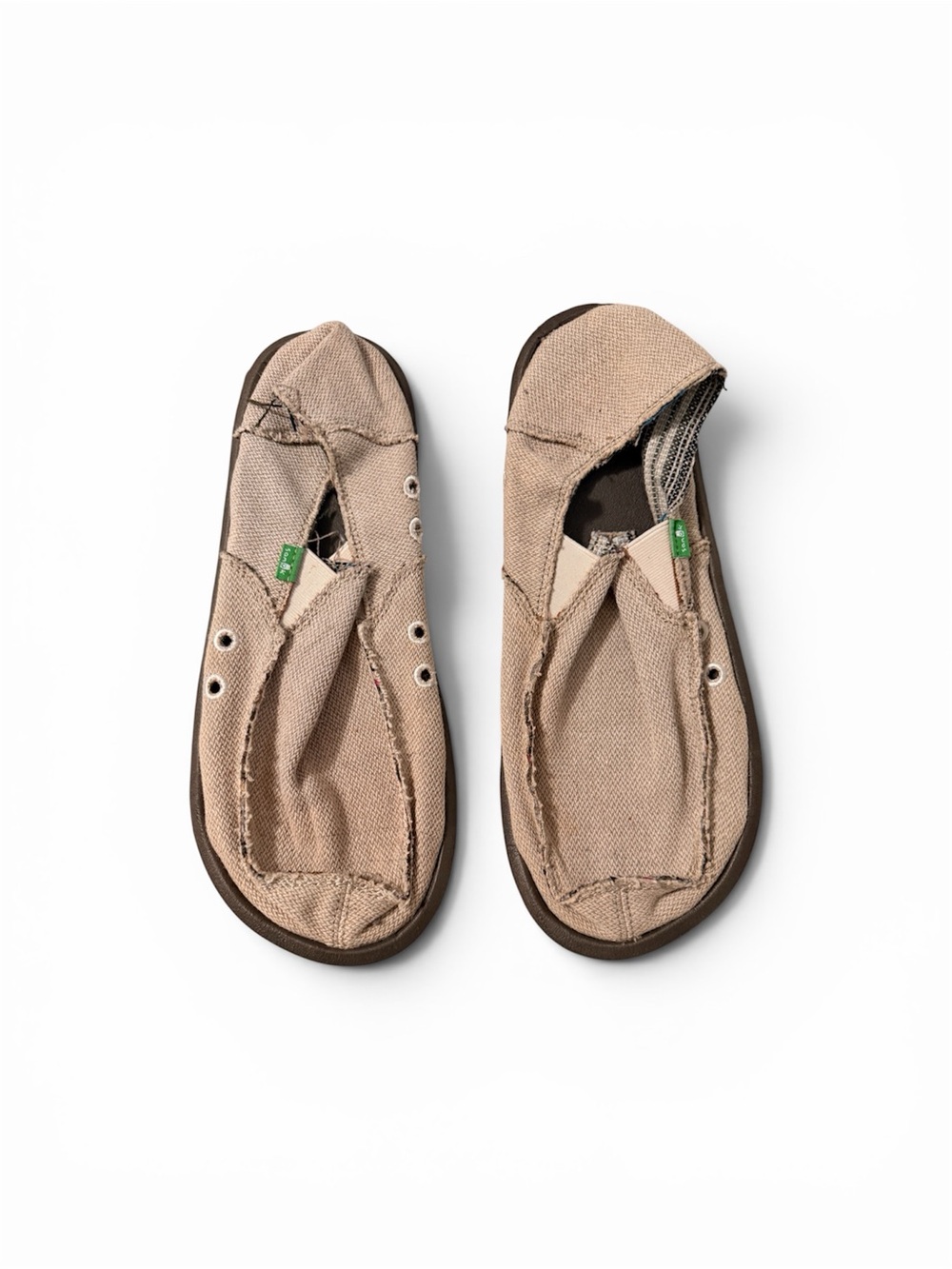 Sanuk Beige Canvas Slip-On with Green Logo Tab